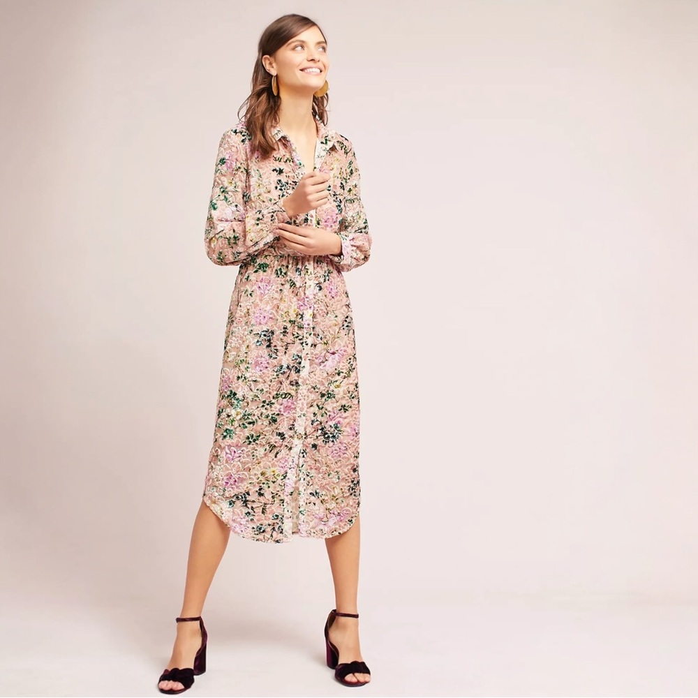 Anthropologie Hemant & Nandita Triana Floral Button Down Midi Dress Size MP Pink